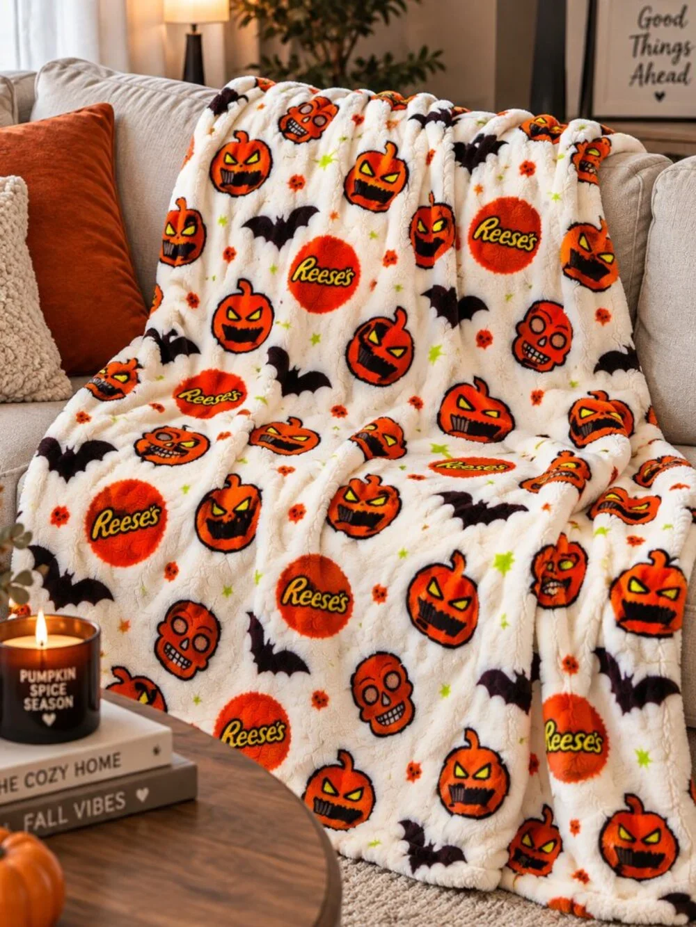 Reese’s Halloween Oversized Plush Throw Blanket 60x70 Pumpkins Skulls Bats